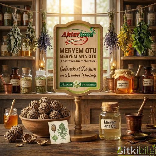 Ahşap masa üzerinde bir adet kurumuş Meryem otu ve cam kase içinde suya konulup yeşermiş açılmış hali