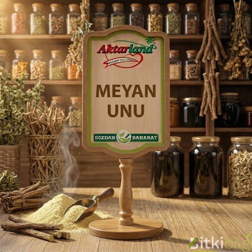 İnce öğütülmüş sarımtırak meyan unu, yanında bütün meyan kökü parçaları ve bir kase bal.