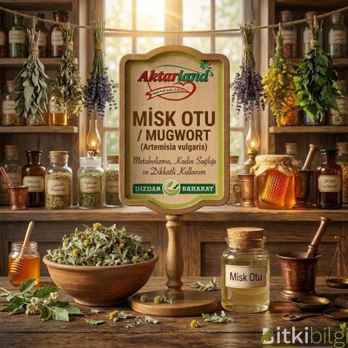 Ahşap masa üzerinde kurutulmuş misk otu yaprakları, şifalı bitki çayı ve antika tepside tüten misk otu tütsüsü