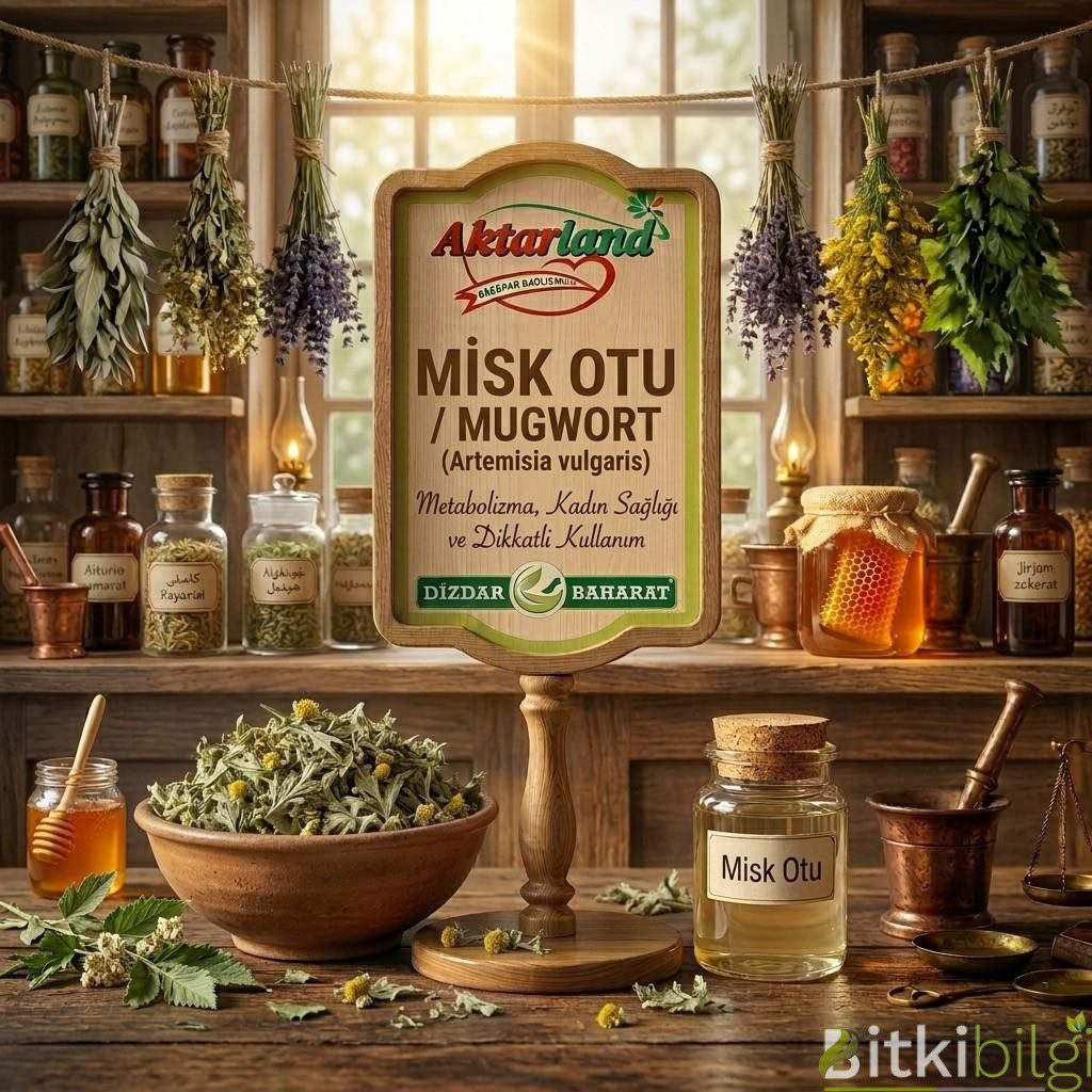 Ahşap masa üzerinde kurutulmuş misk otu yaprakları, şifalı bitki çayı ve antika tepside tüten misk otu tütsüsü
