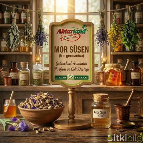 Ahşap masa üzerinde kurutulmuş süsen kökleri, ince çekilmiş kök tozu ve taze mor süsen çiçekleri