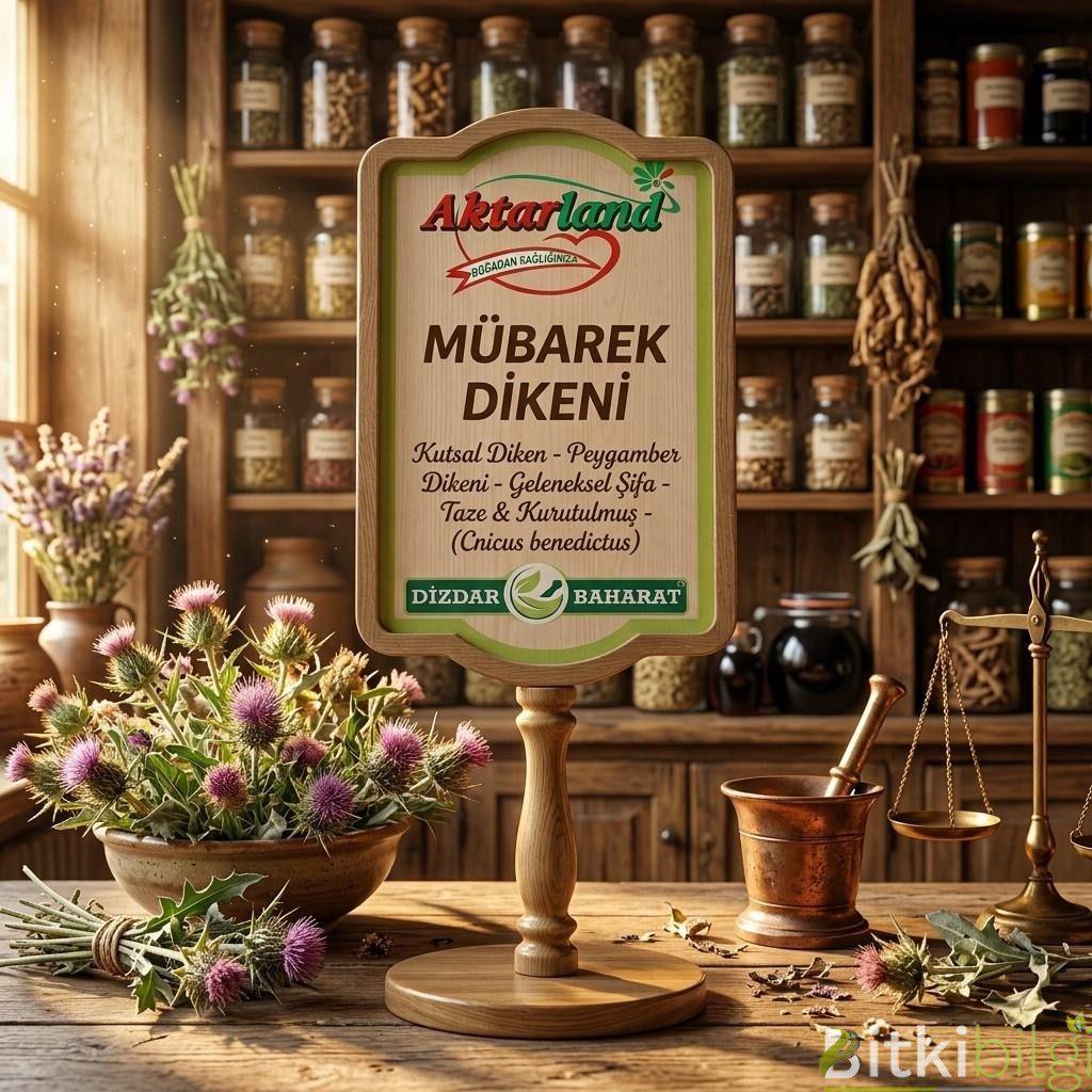 Ahşap masa üzerinde kurutulmuş mübarek dikeni yaprakları, sarı çiçekleri ve şifalı detoks çayı