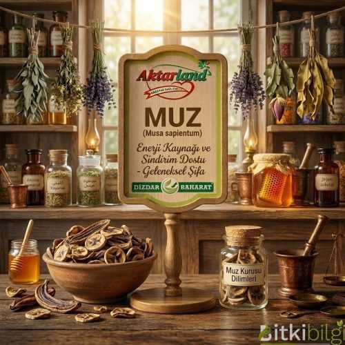 Ahşap masa üzerinde taze sarı muzlar, kase içinde çıtır kurutulmuş muz dilimleri ve doğal muz tozu