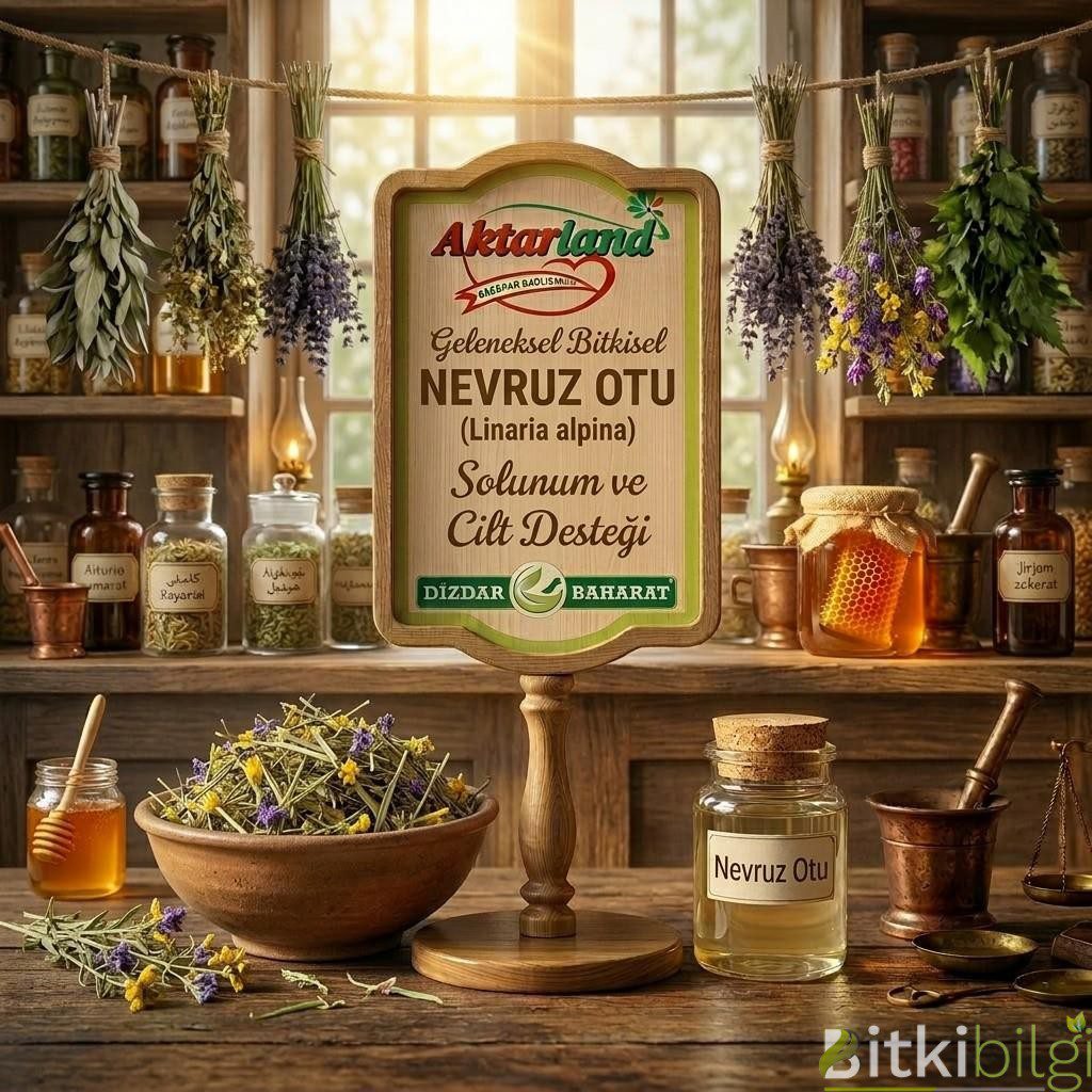 Ahşap masa üzerinde kurutulmuş sapsarı nevruz otu çiçekleri, bir fincan detoks çayı ve ahşap havan