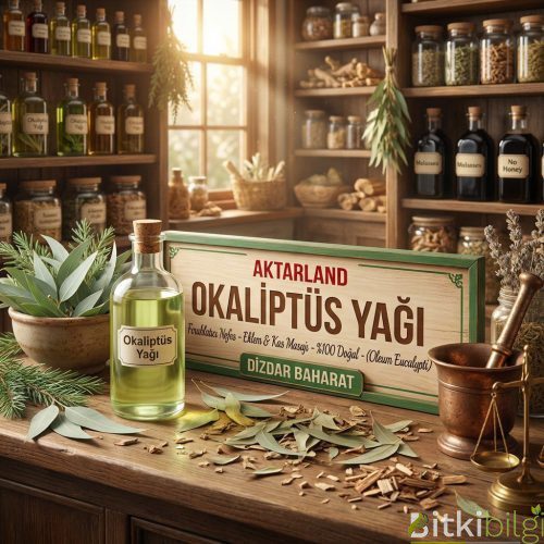 Ahşap bir zemin üzerinde duran taze okaliptus yaprakları ve cam şişe içerisinde sıvı bitki yağı.