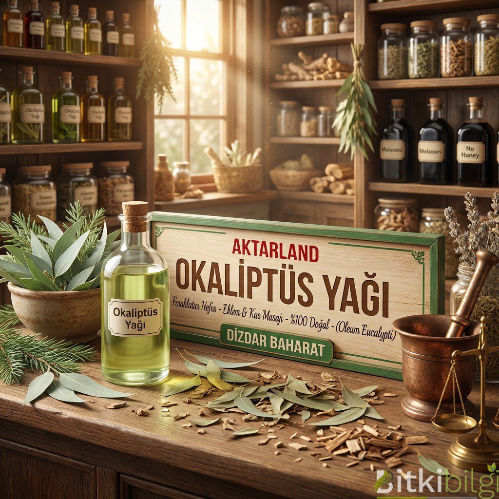 Ahşap bir zemin üzerinde duran taze okaliptus yaprakları ve cam şişe içerisinde sıvı bitki yağı.