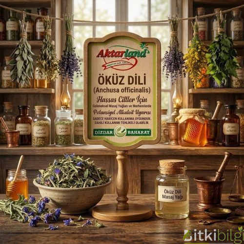 Ahşap masa üzerinde kurutulmuş öküz dili yaprakları, mor çiçekleri ve şifalı bitki çayı