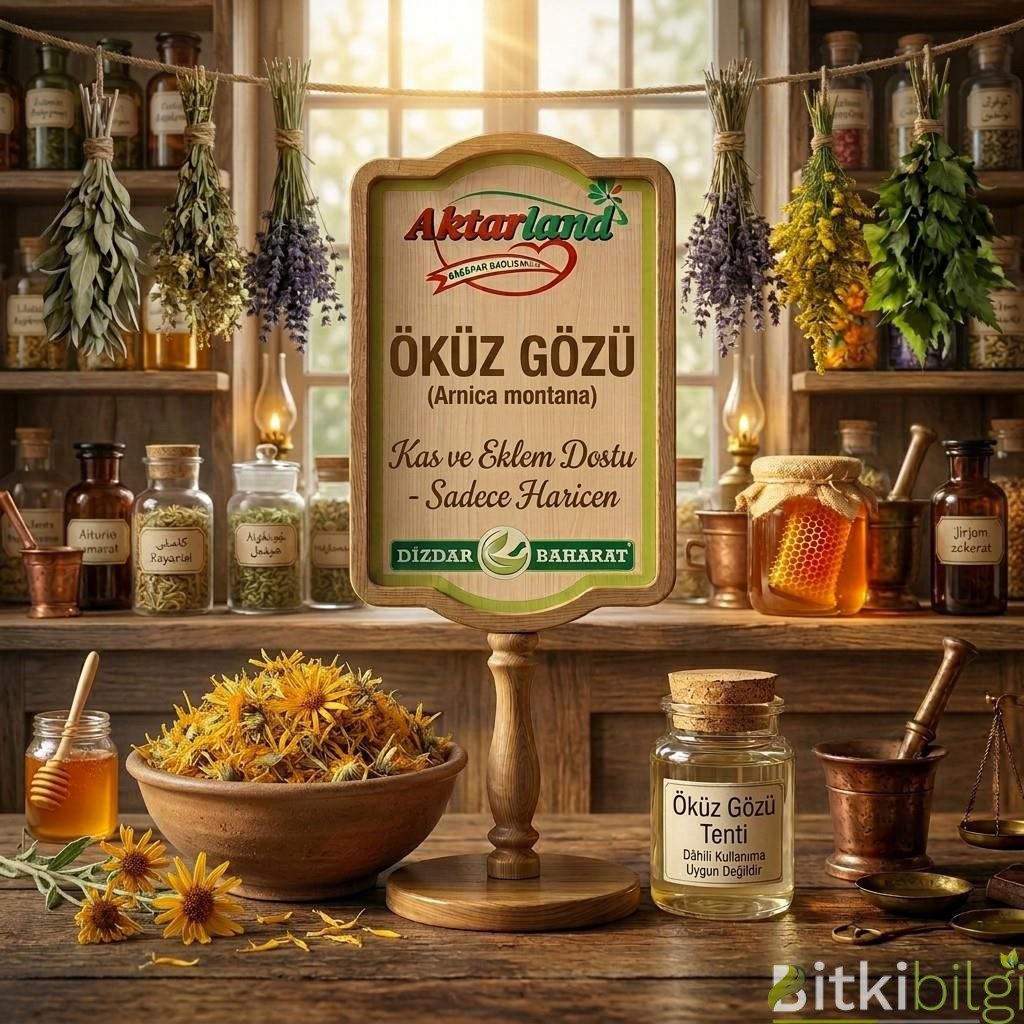 Ahşap masa üzerinde kurutulmuş sarı öküz gözü (arnika) çiçekleri, doğal masaj yağı şişesi ve ahşap havan