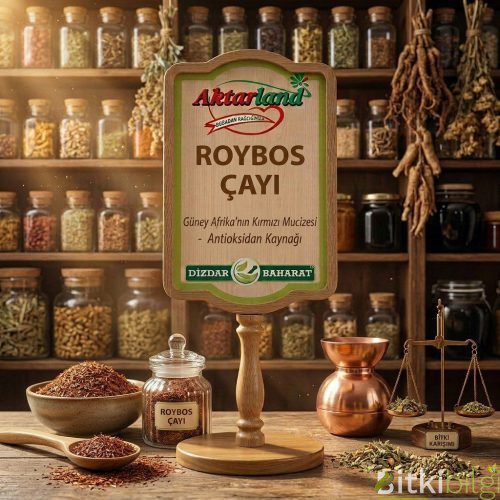 Kırmızı iğne yapraklı roybos çayı taneleri, bir fincan demlenmiş kızıl çay ve yanında roybos bitkisi dalları.