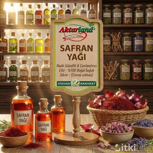 Ahşap bir zemin üzerinde duran kurutulmuş kırmızı safran çiçekleri ve cam şişe içerisinde sıvı bitki yağı.