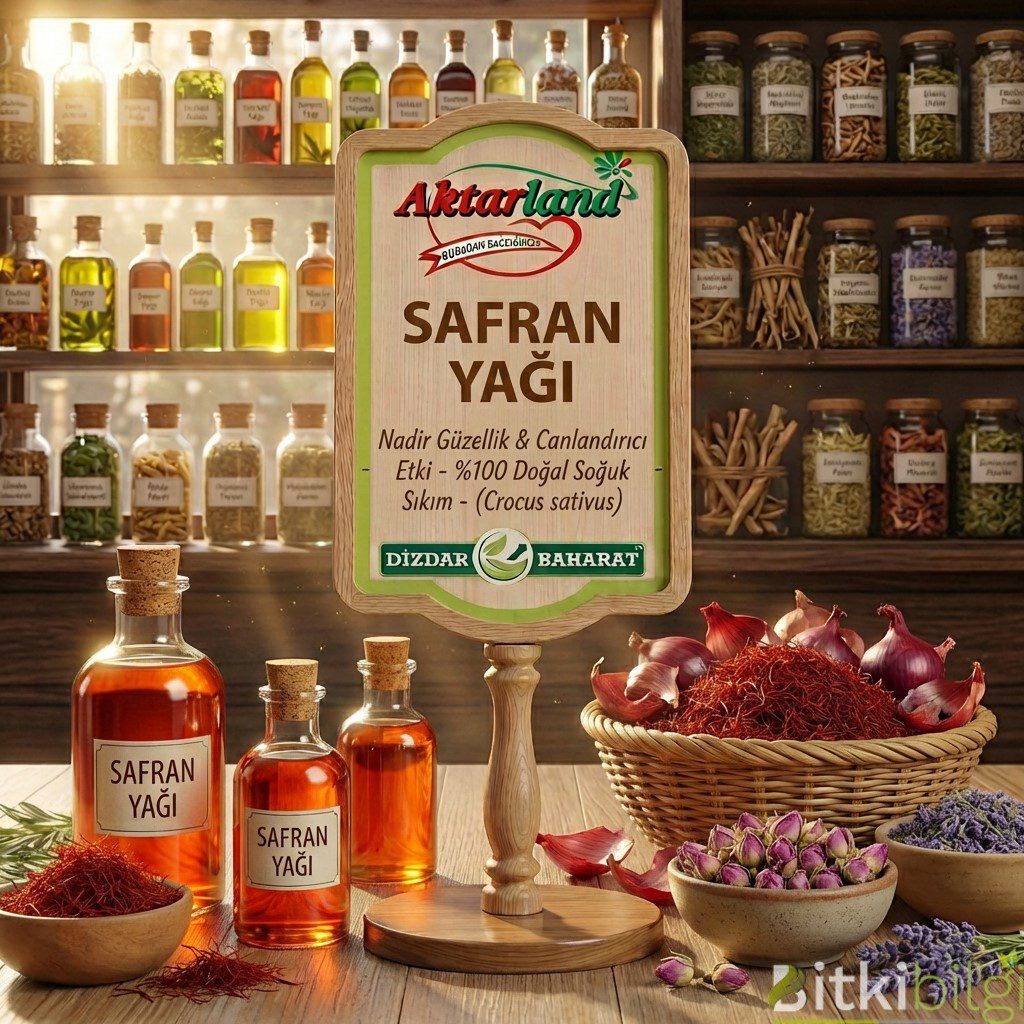 Ahşap bir zemin üzerinde duran kurutulmuş kırmızı safran çiçekleri ve cam şişe içerisinde sıvı bitki yağı.
