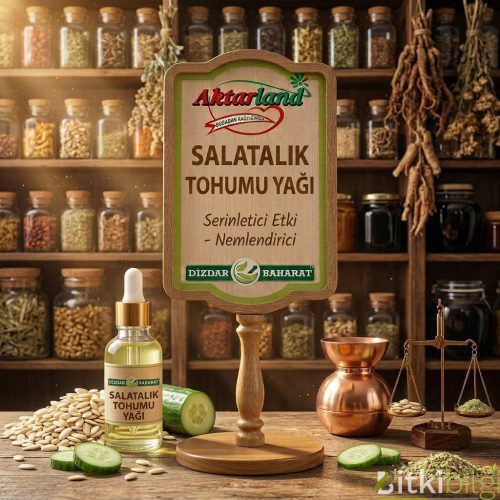 Taze salatalık dilimleri, kurutulmuş salatalık tohumları ve yanında bir şişe şeffaf Salatalık Tohumu yağı.