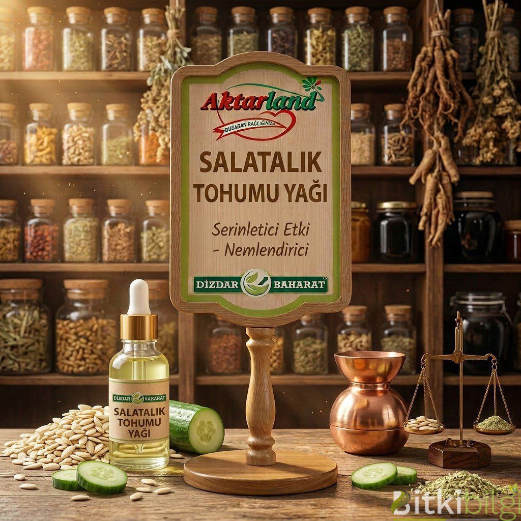 Taze salatalık dilimleri, kurutulmuş salatalık tohumları ve yanında bir şişe şeffaf Salatalık Tohumu yağı.