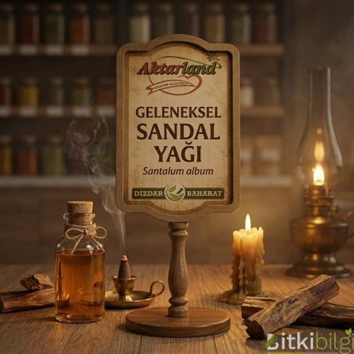 Ahşap bir zemin üzerinde duran sandal ağacı parçaları ve cam şişe içerisinde sıvı bitki yağı.