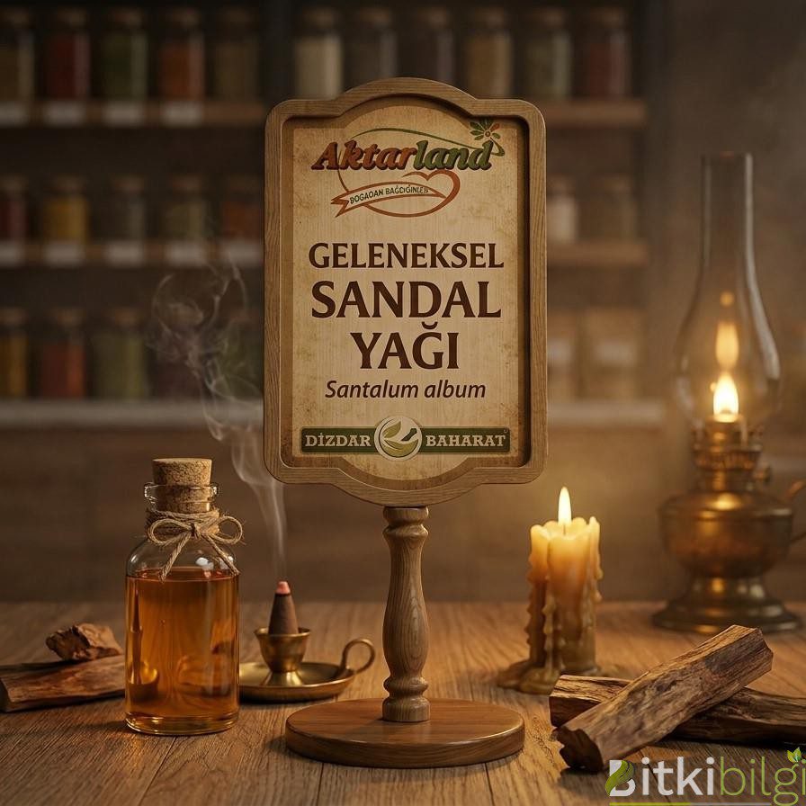 Ahşap bir zemin üzerinde duran sandal ağacı parçaları ve cam şişe içerisinde sıvı bitki yağı.