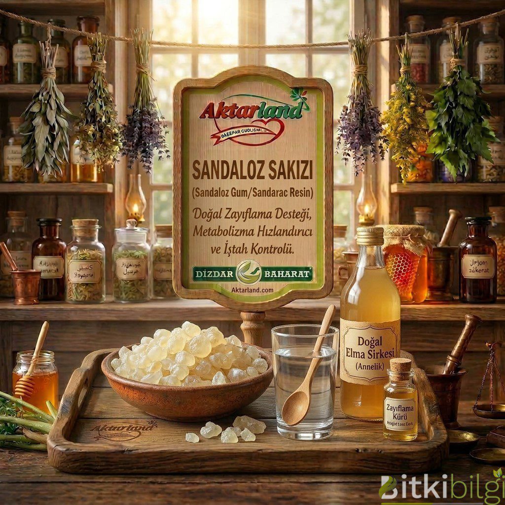Sarımsı şeffaf kristal yapıda sandaloz sakızı parçaları, yanında bir şişe elma sirkesi.