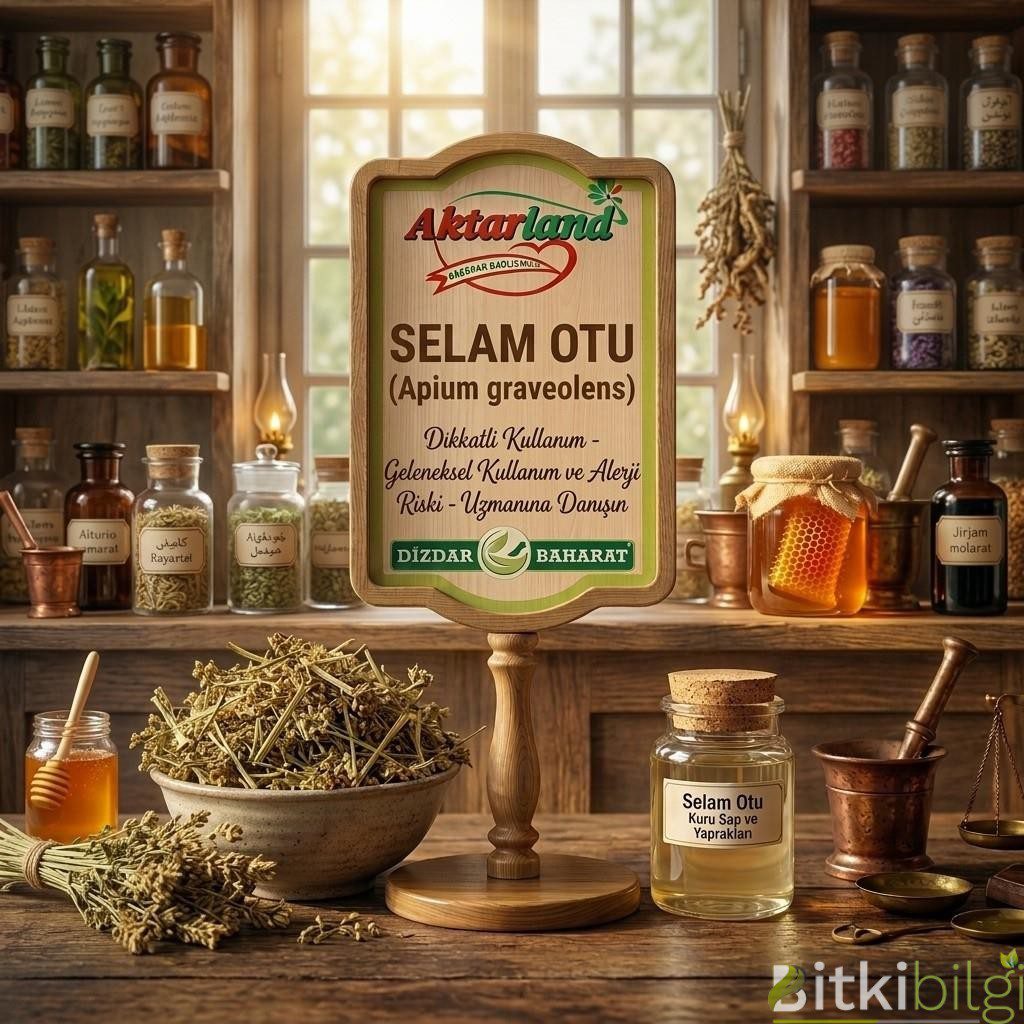 Ahşap masa üzerinde kurutulmuş selam otu yaprakları, taze selam otu dalları ve bir fincan şifalı bitki çayı