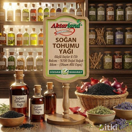 Ahşap bir zemin üzerinde duran kurutulmuş soğan tohumları ve cam şişe içerisinde sıvı bitki yağı.