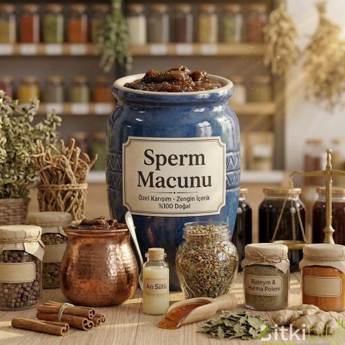 Geleneksel seramik kavanozda sperm artırıcı bitkisel macun, yanında ginseng kökü, bal ve kuruyemişler.