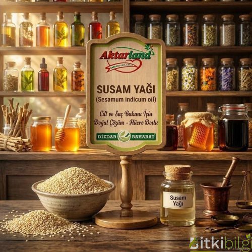 Doğal soğuk sıkım susam yağı şişesi ve susam tohumları