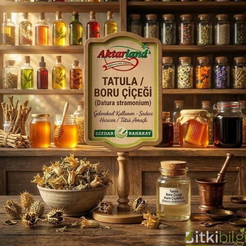 Ahşap masa üzerinde bolca serpiştirilmiş beyaz boru çiçekleri, dikenli tatula meyveleri ve kurutulmuş yapraklar