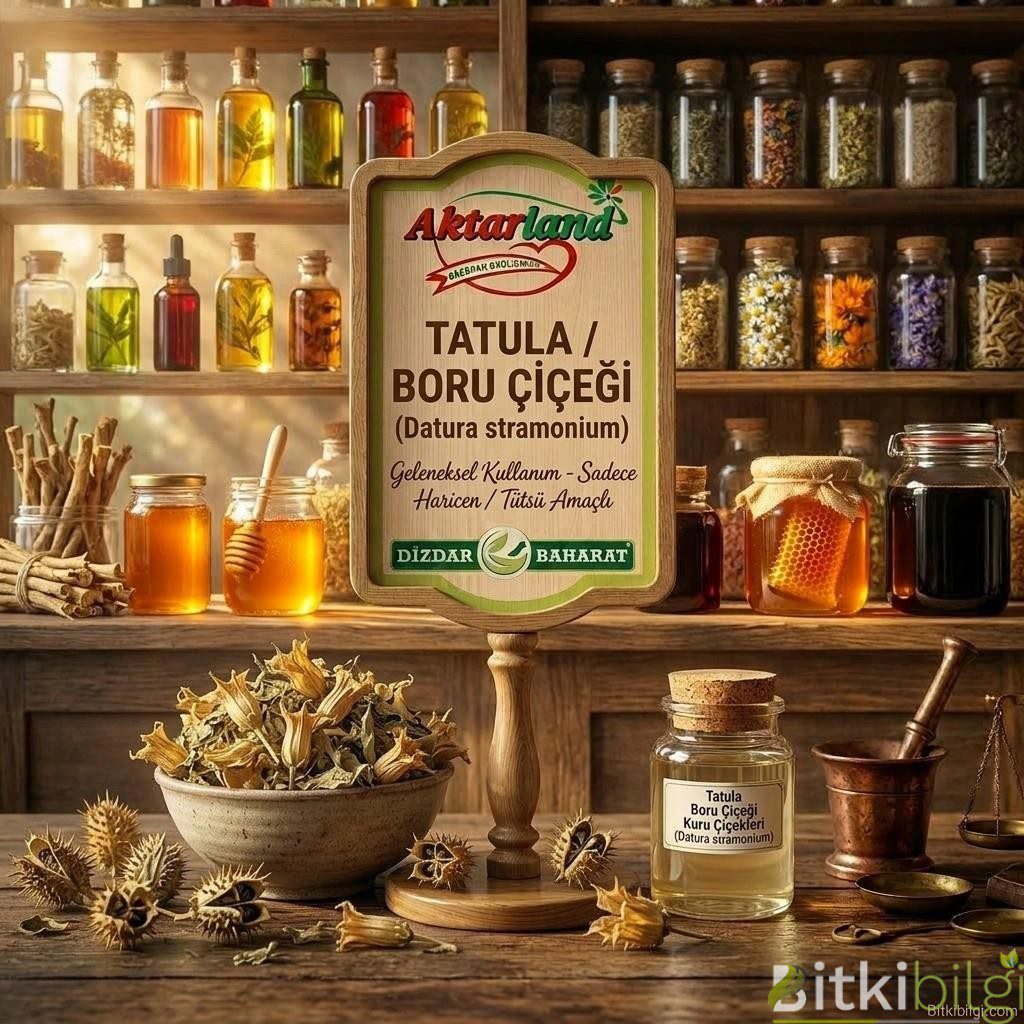 Ahşap masa üzerinde bolca serpiştirilmiş beyaz boru çiçekleri, dikenli tatula meyveleri ve kurutulmuş yapraklar