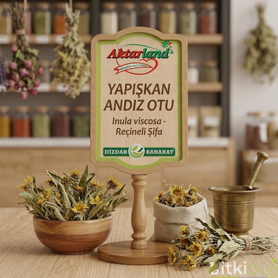 Ahşap bir zemin üzerinde duran taze yapışkan otu yaprakları ve cam şişe içerisinde sıvı bitki çayı.