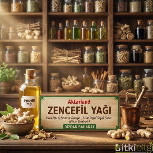 Ahşap bir zemin üzerinde duran taze zencefil kökleri ve cam şişe içerisinde doğal zencefil yağı sıvısı.