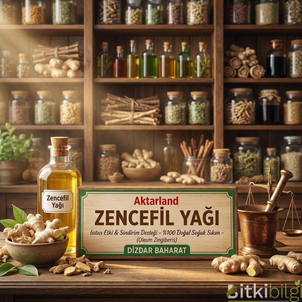 Ahşap bir zemin üzerinde duran taze zencefil kökleri ve cam şişe içerisinde doğal zencefil yağı sıvısı.